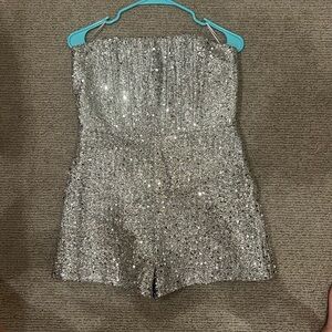 Silver Sequin Strapless Romper